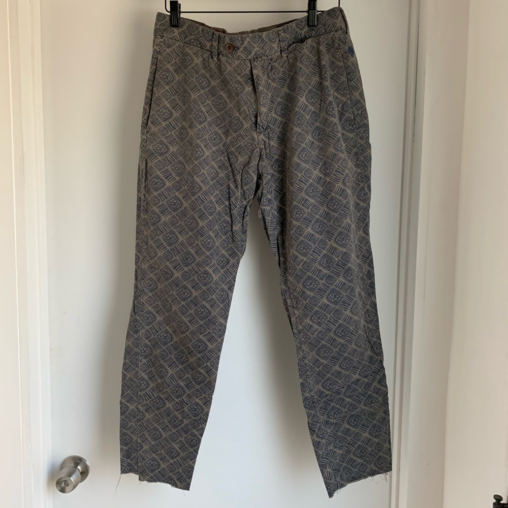Ganesh Mens Cotton Pants in Taupe with Blue Block Print Size 32/30